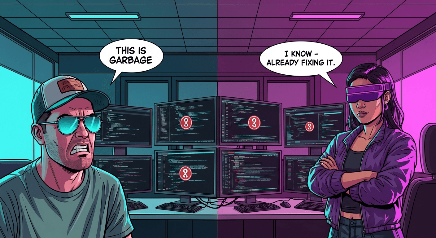 Stephen saying THIS SUCKS while Reina responds I KNOW ALREADY FIXING IT