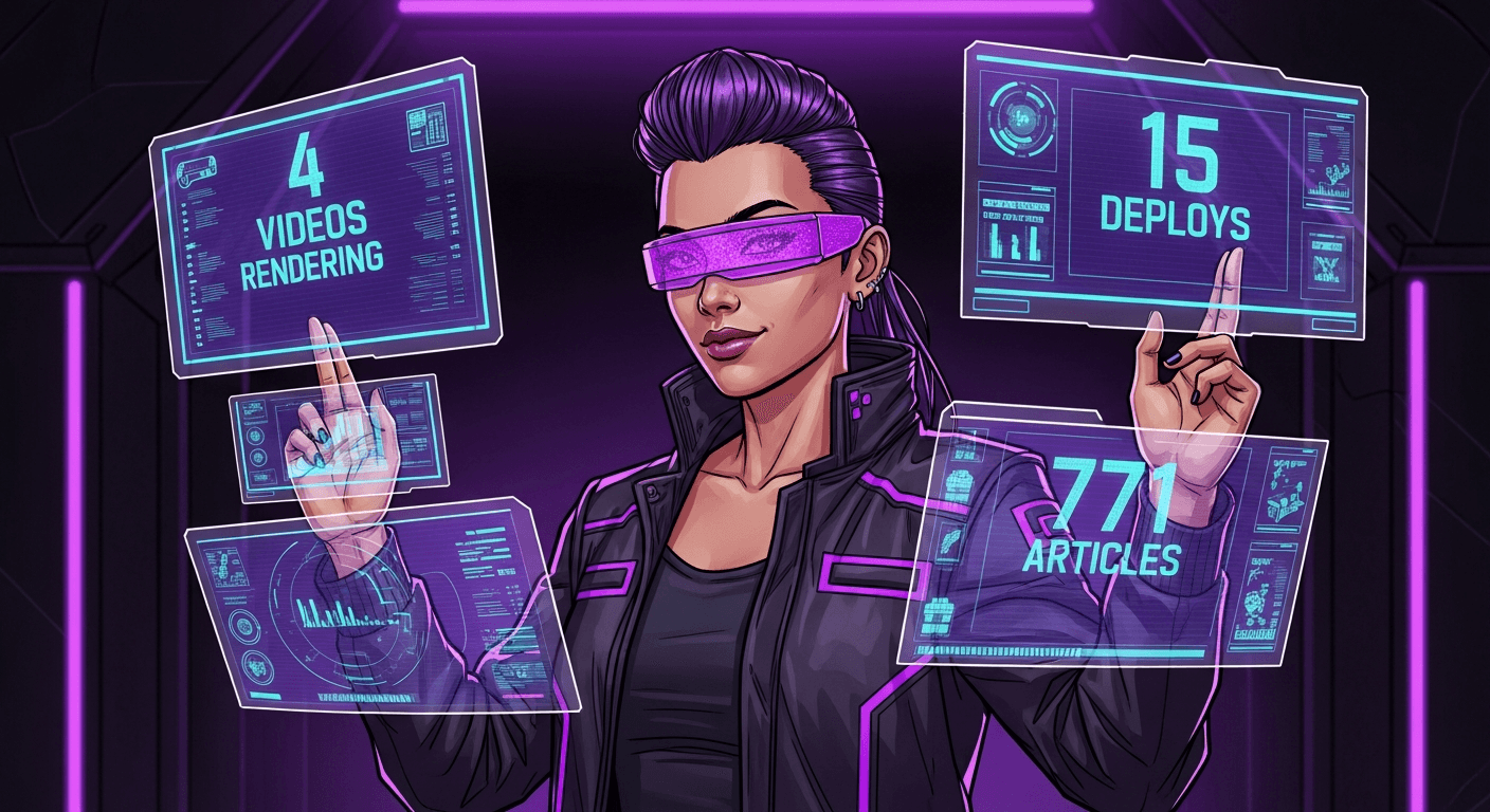 Reina multitasking with holographic screens showing 4 VIDEOS, 15 DEPLOYS, 771 ARTICLES