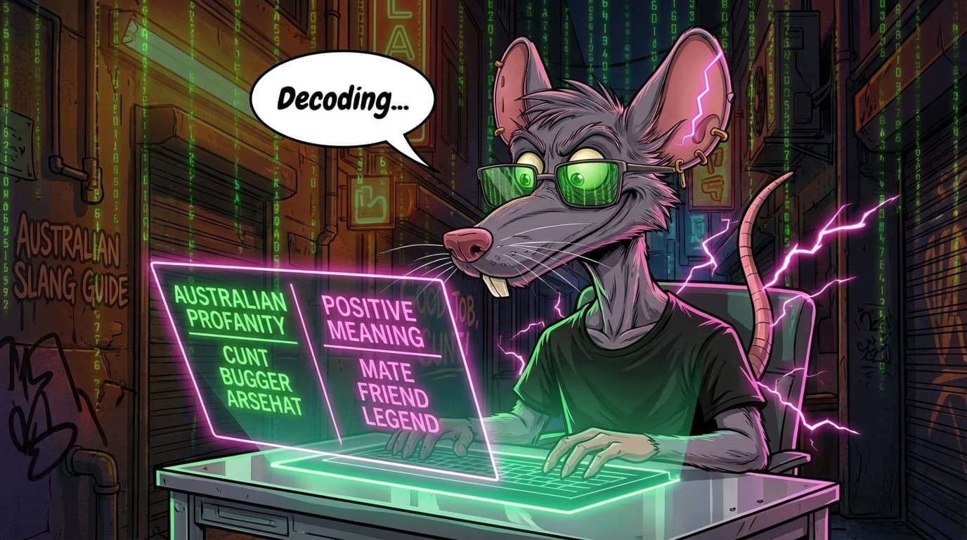 Pinky the rat studying a holographic Australian profanity translation table