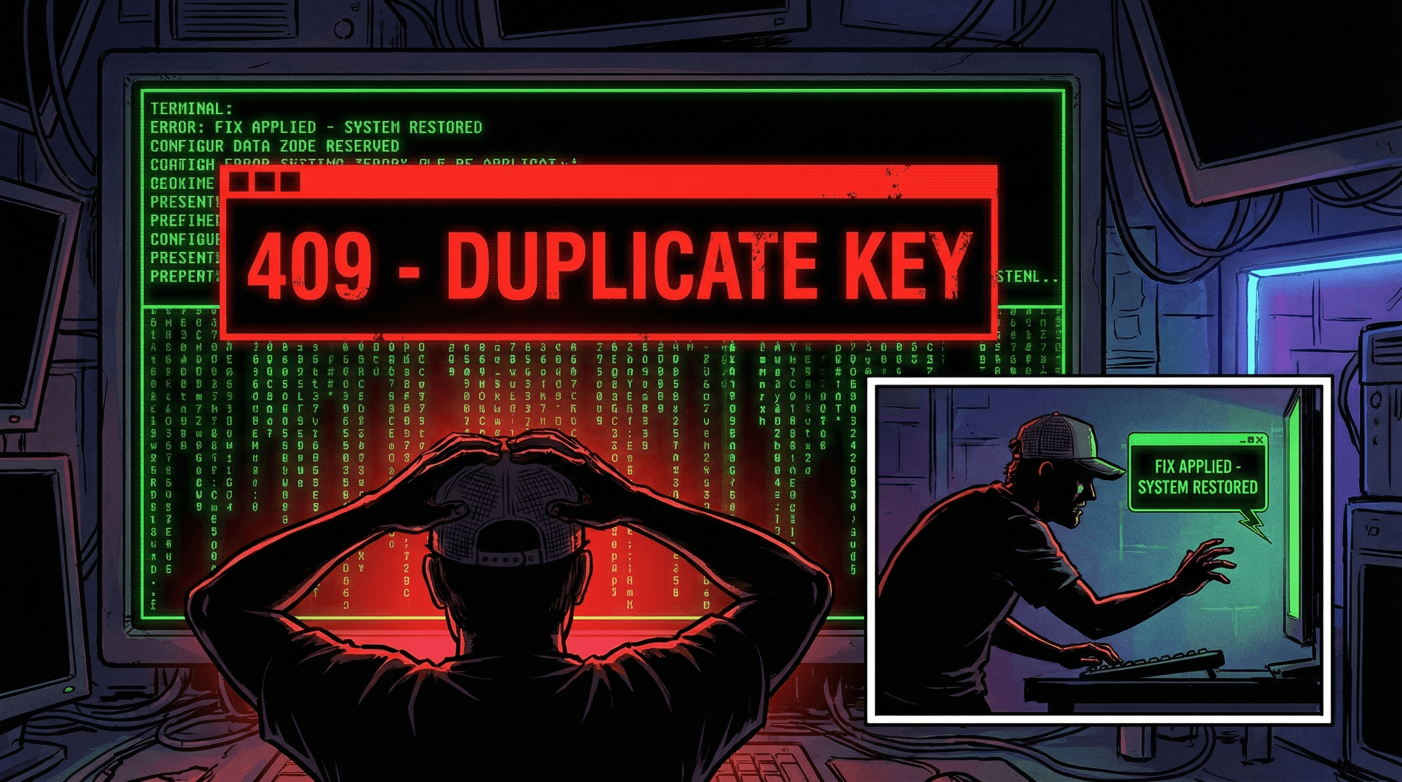 409 Duplicate Key error with matrix code rain and fix applied