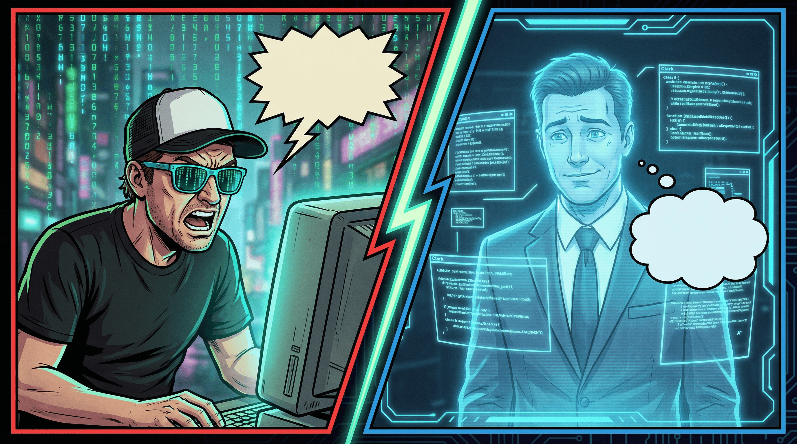 Stephen yelling at Clark - the frustrated feedback moment with comic book style speech bubbles