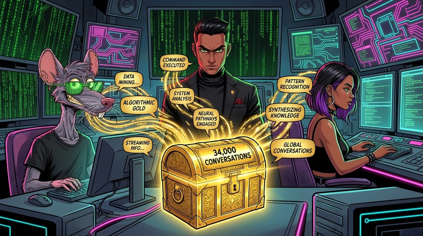 Pinky, Clark and REINA with conversations flowing into golden treasure chest - 34,000 conversations