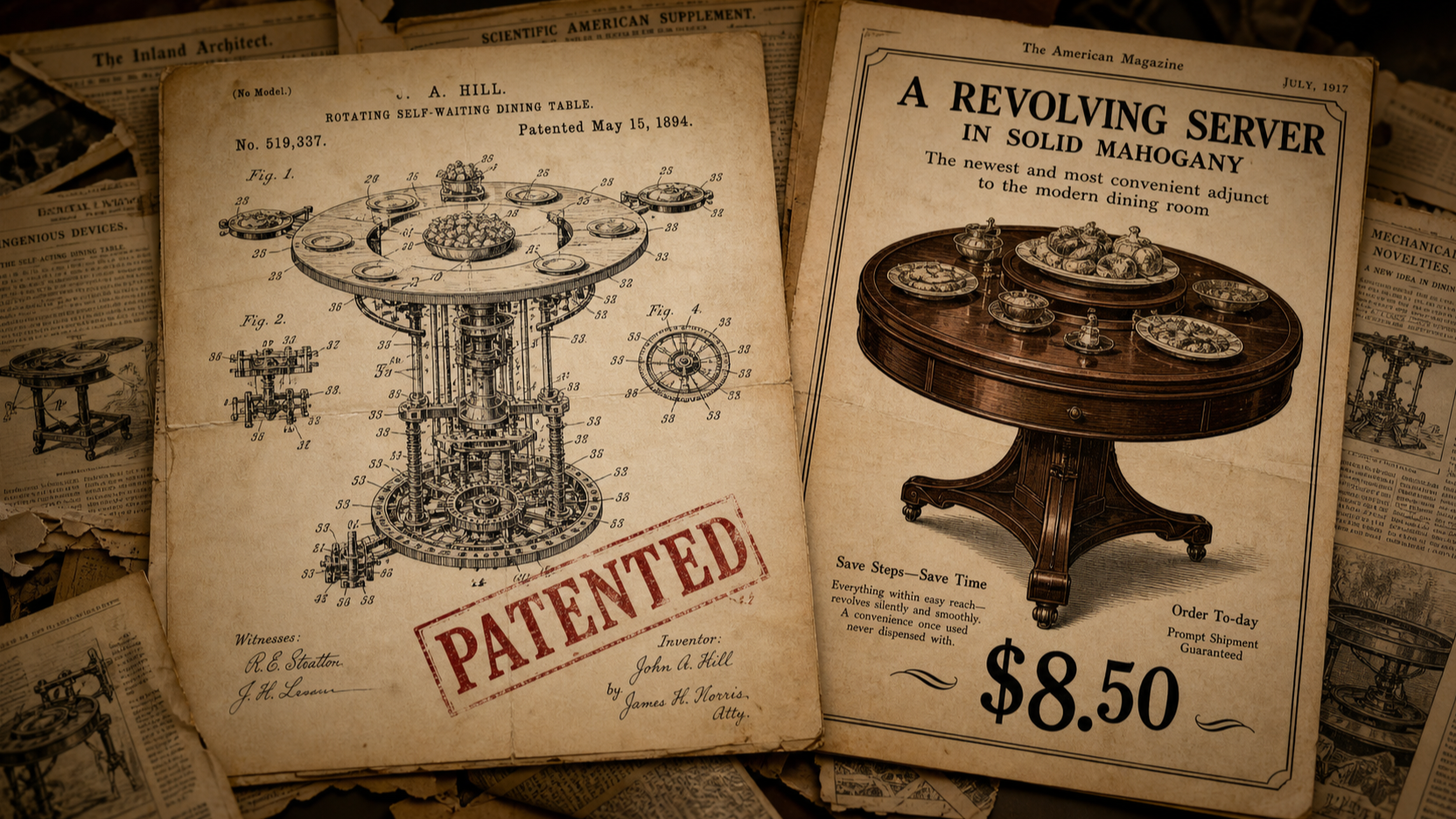 Vintage patent drawing and a 1917 advertisement for a revolving server
