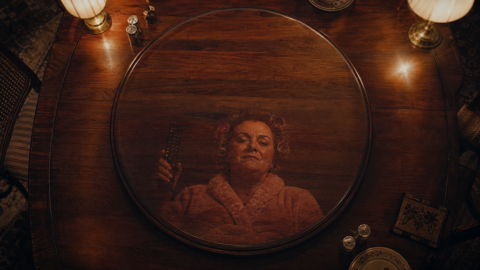 A polished lazy Susan turntable reflecting a faint smiling face